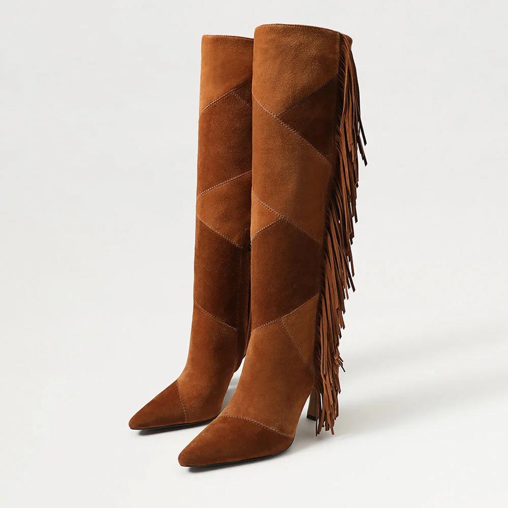 Brown Vegan Suede Patchwork Flared Heel Side Fringe Knee High Boots