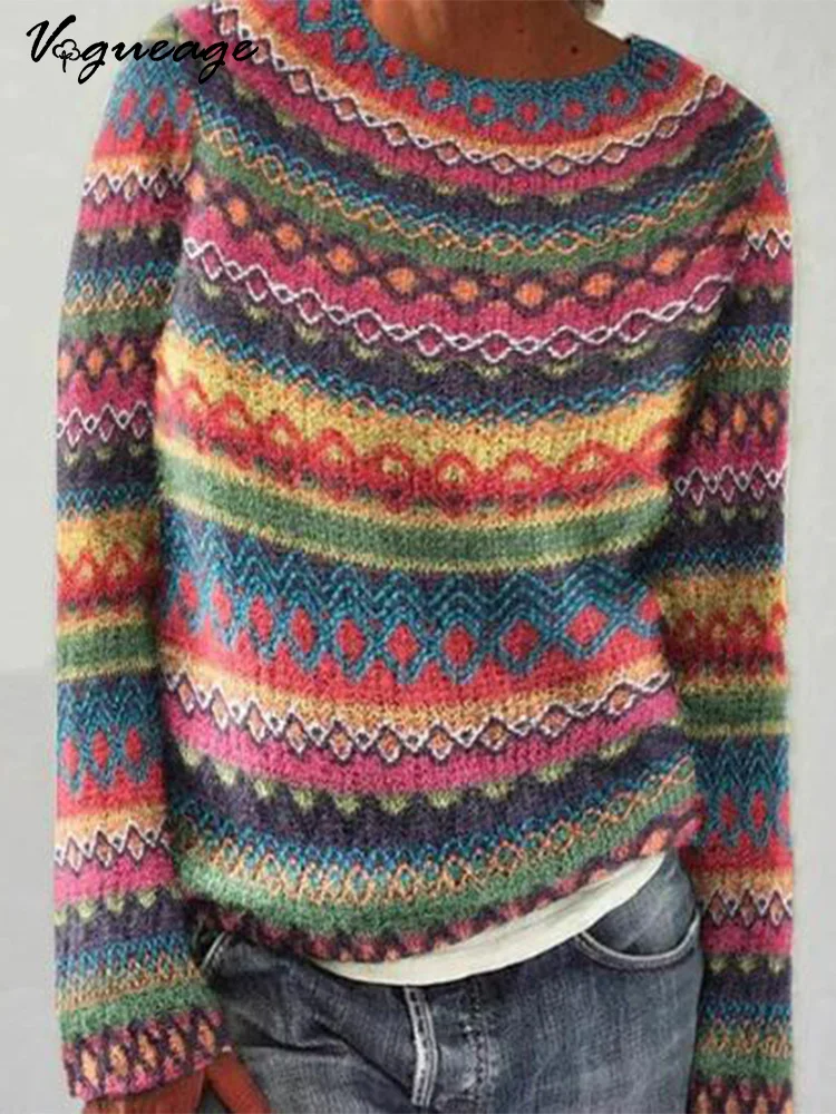 Retro Pattern Stitching Casual Long-Sleeved Knitted Sweater