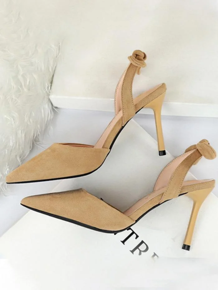 Fashion stiletto suede shallow mouth pointed toe hollow back strap small bow sandals