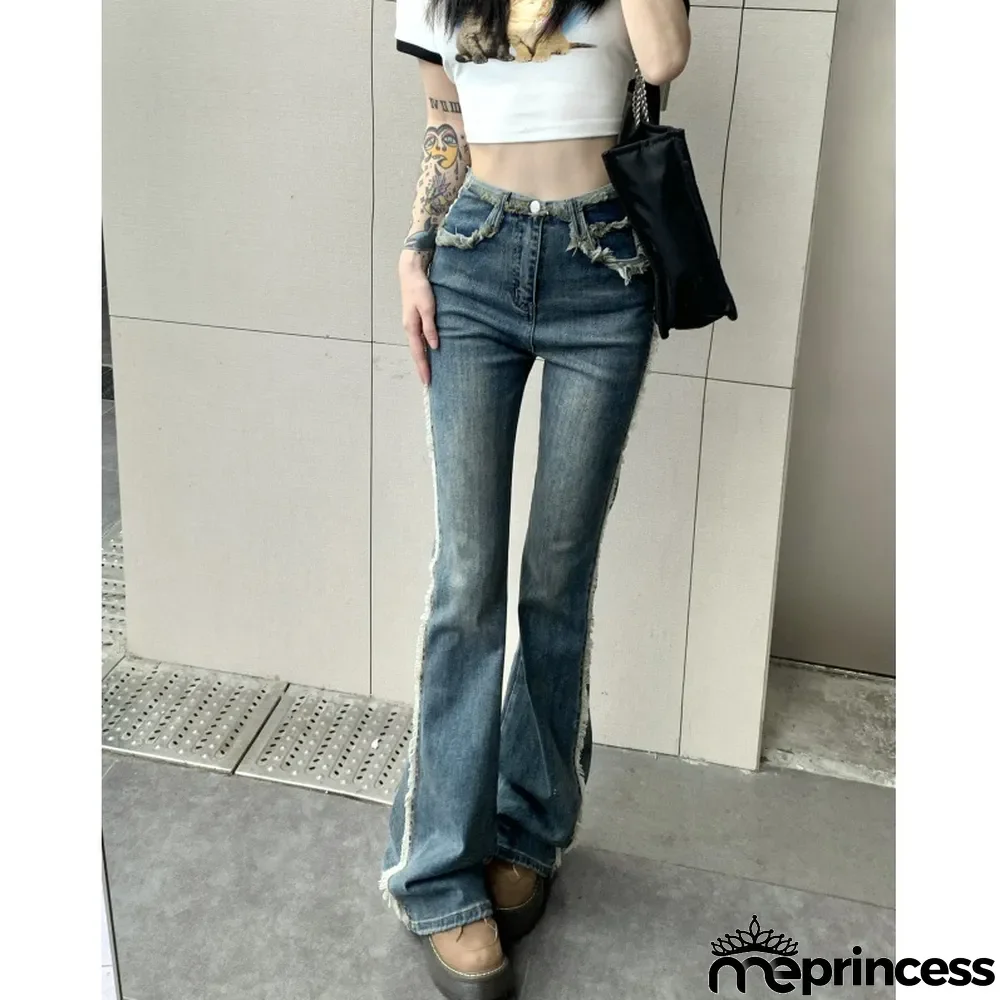 Blue Raw Edge Retro Denim Pants Women Spring High Waist Straight Leg Tight Fitting Slim Fit Micro Bell Bottom Jeans
