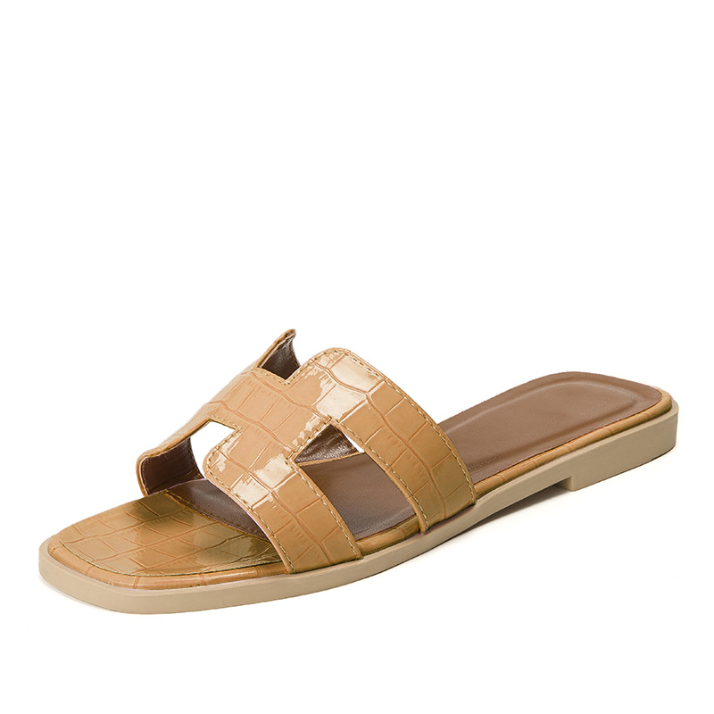 Womens Square Open Toe Summer Casual Flat Crocodile Slippers-vocosishoes