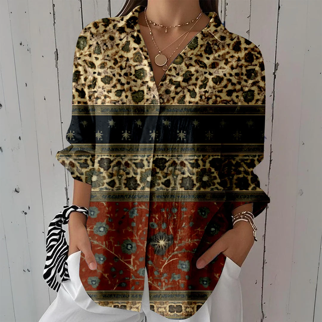 Style & Comfort for Mature Women Women Floral, Red, Patchwork DZCL0053 3/4 Sleeve Shirt Collar Printed Button Tops