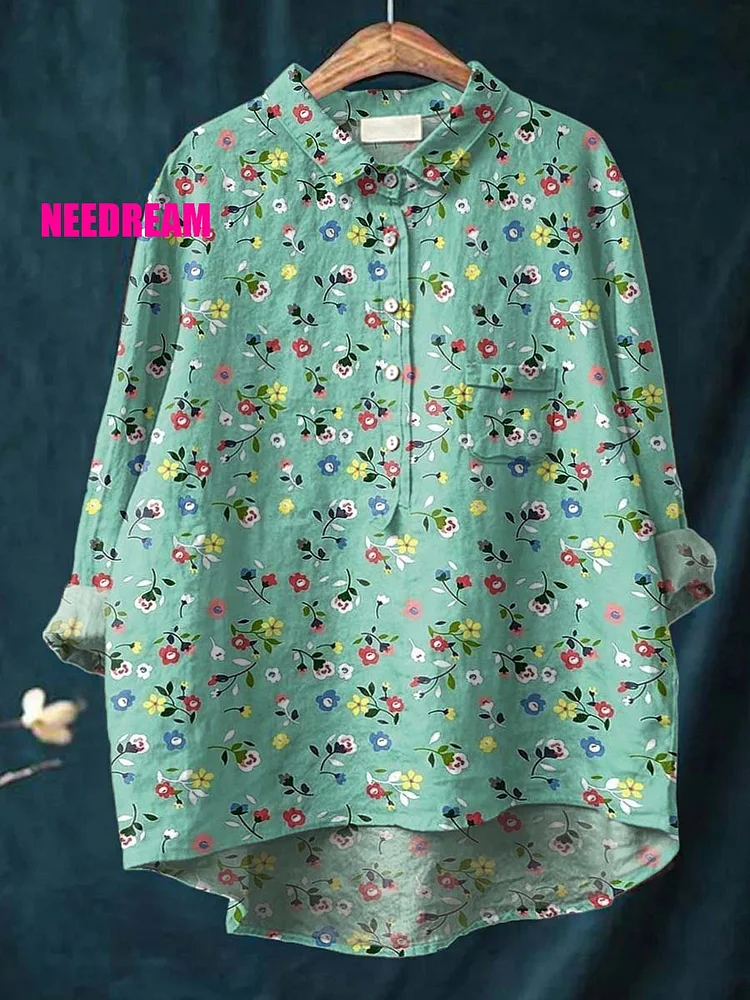 Womens Pastoral Floral Pattern Casual Cotton And Linen Shirt