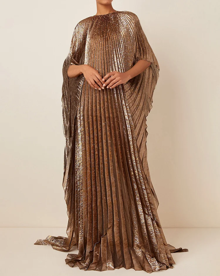 Glossy pleated short sleeve loose elegant maxi dress