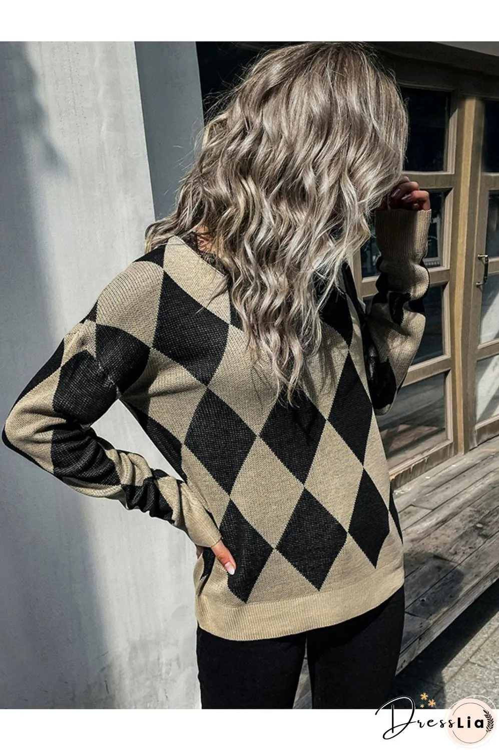 Argyle Eyelash Lace Trim Dropped Shoulder Sweater
