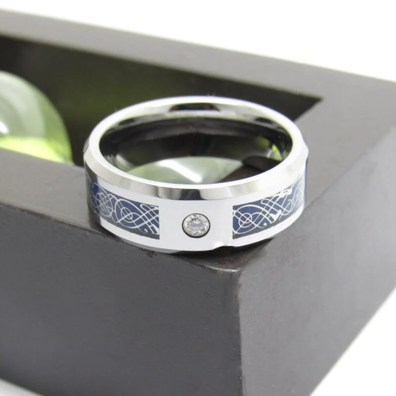 8MM Men Women Tungsten Wedding Matching Rings Silver Celtic Dragon Knot Black Cz Inlaid for Couple