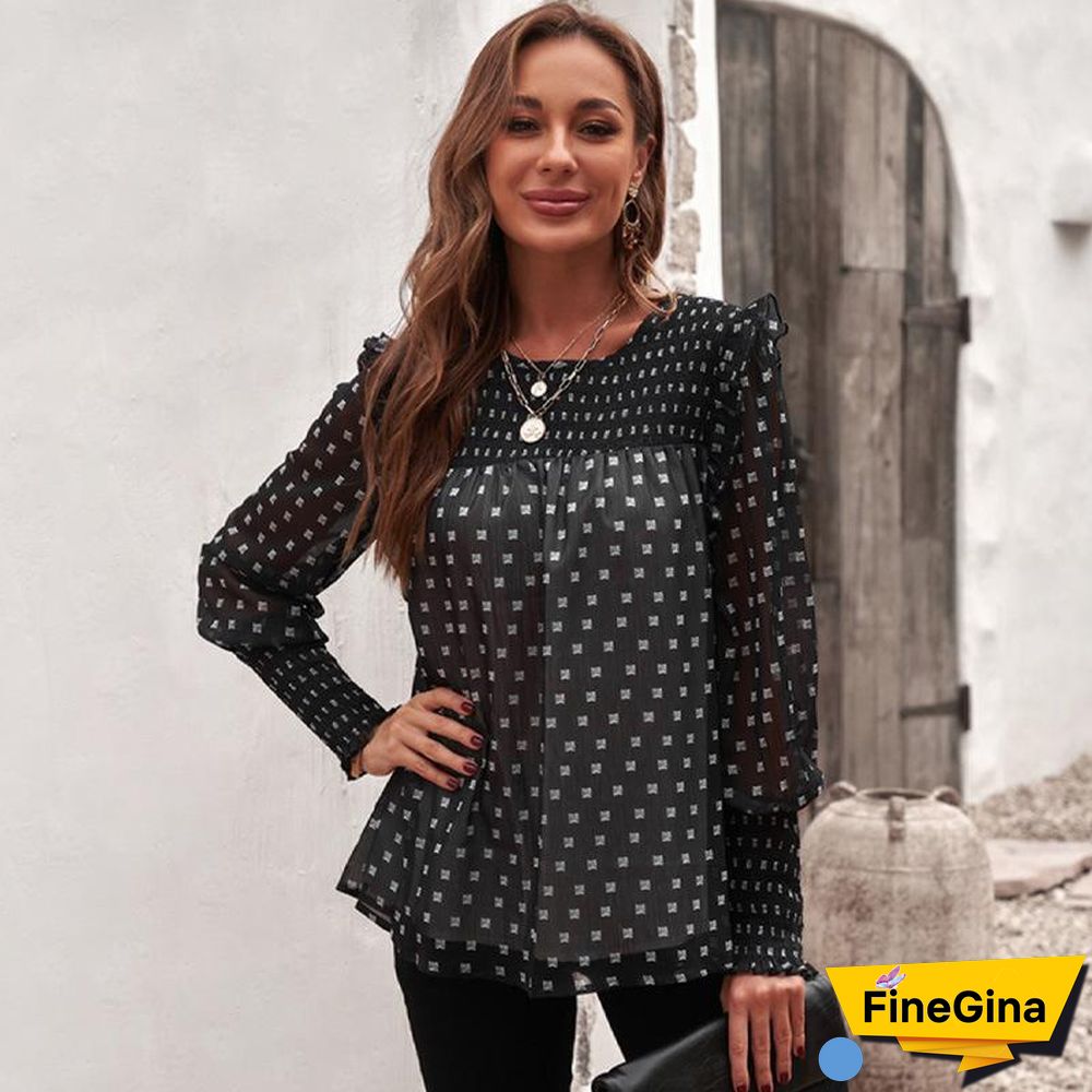 Grid Ruffle Chiffon Top