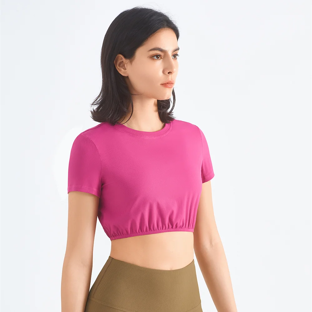 Hergymclothing pink lychee short sleeve cool cropped ribbed girdling sports running active t shirt for sale