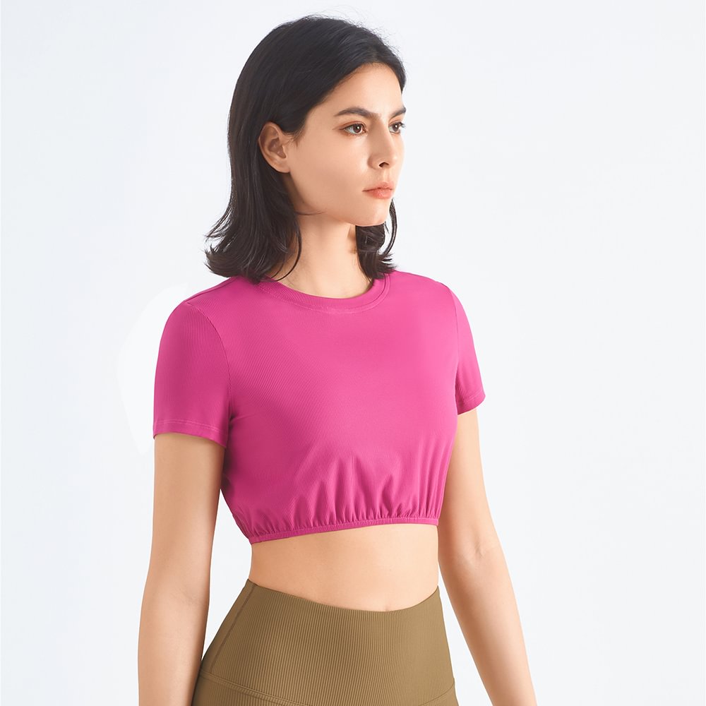 Hergymclothing pink lychee short sleeve cool cropped ribbed girdling sports running active t shirt for sale