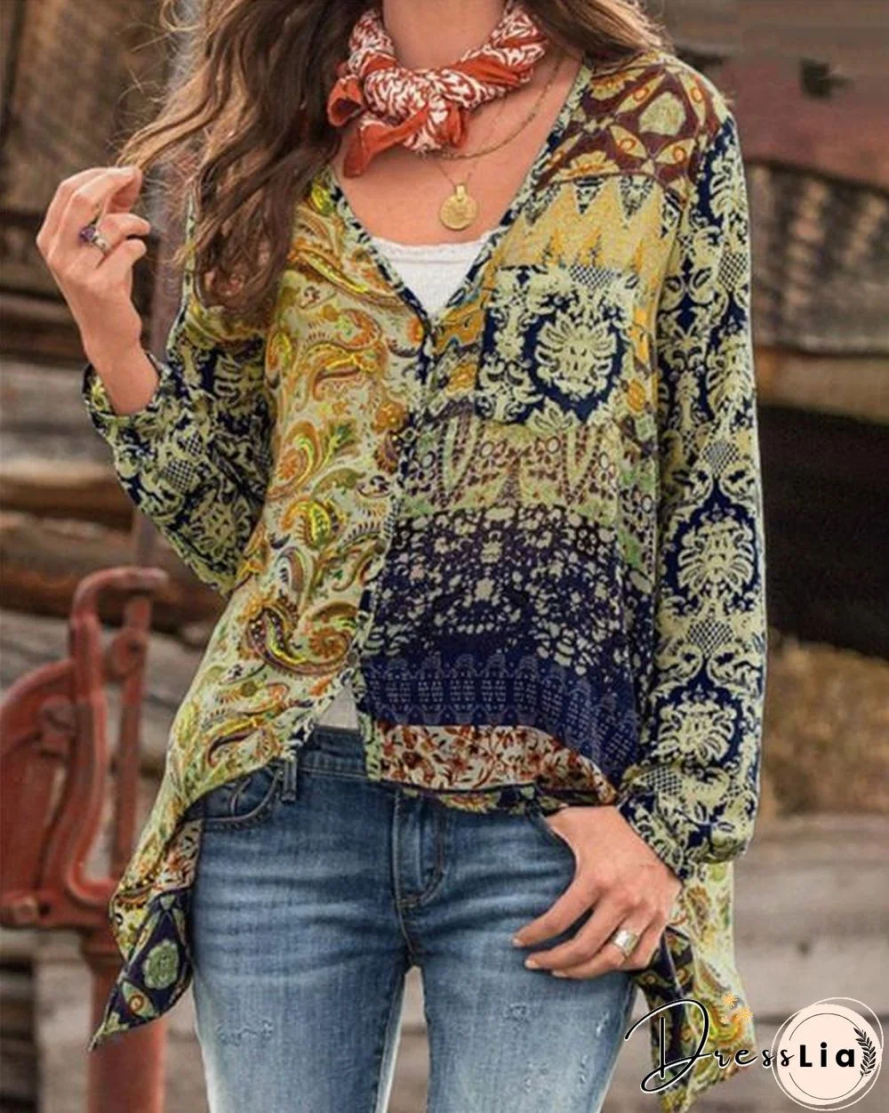 V Neck Fall Floral Designer Casual Shirts & Tops