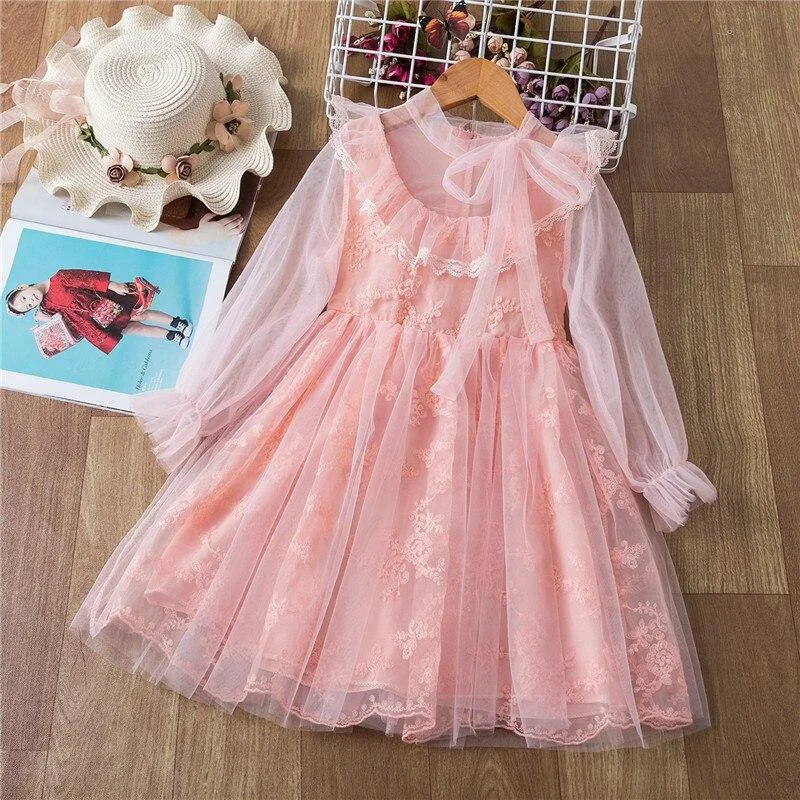 Spring Girls Clothing Elegant Lace Wedding Dress Flower Girls Dress Princess Party Pageant Tulle Gown Kid Girls Clothes 3-8Years