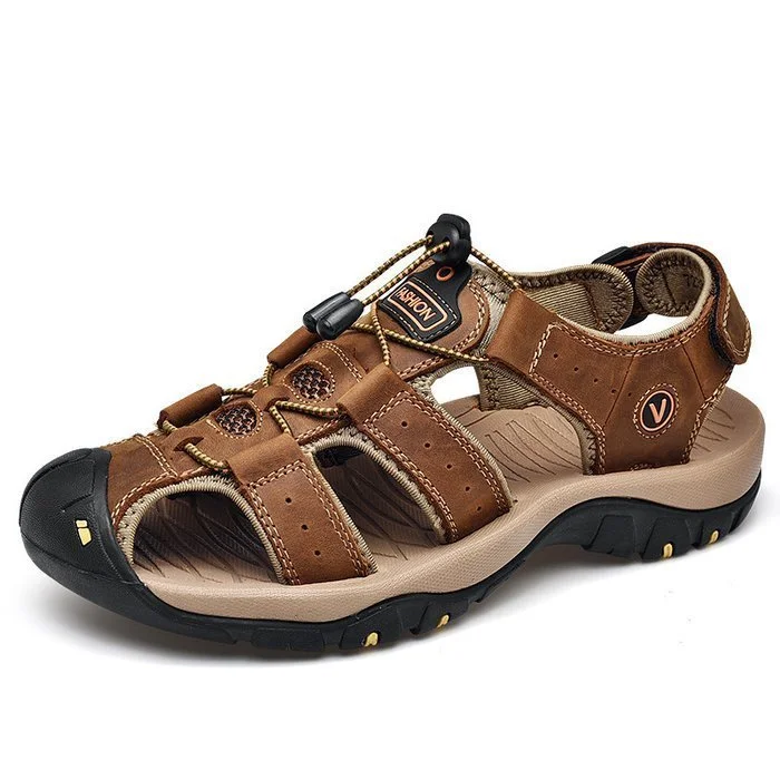Men Anti-collision Toe Outdoor Slip Resistant Leather Hiking Sandals