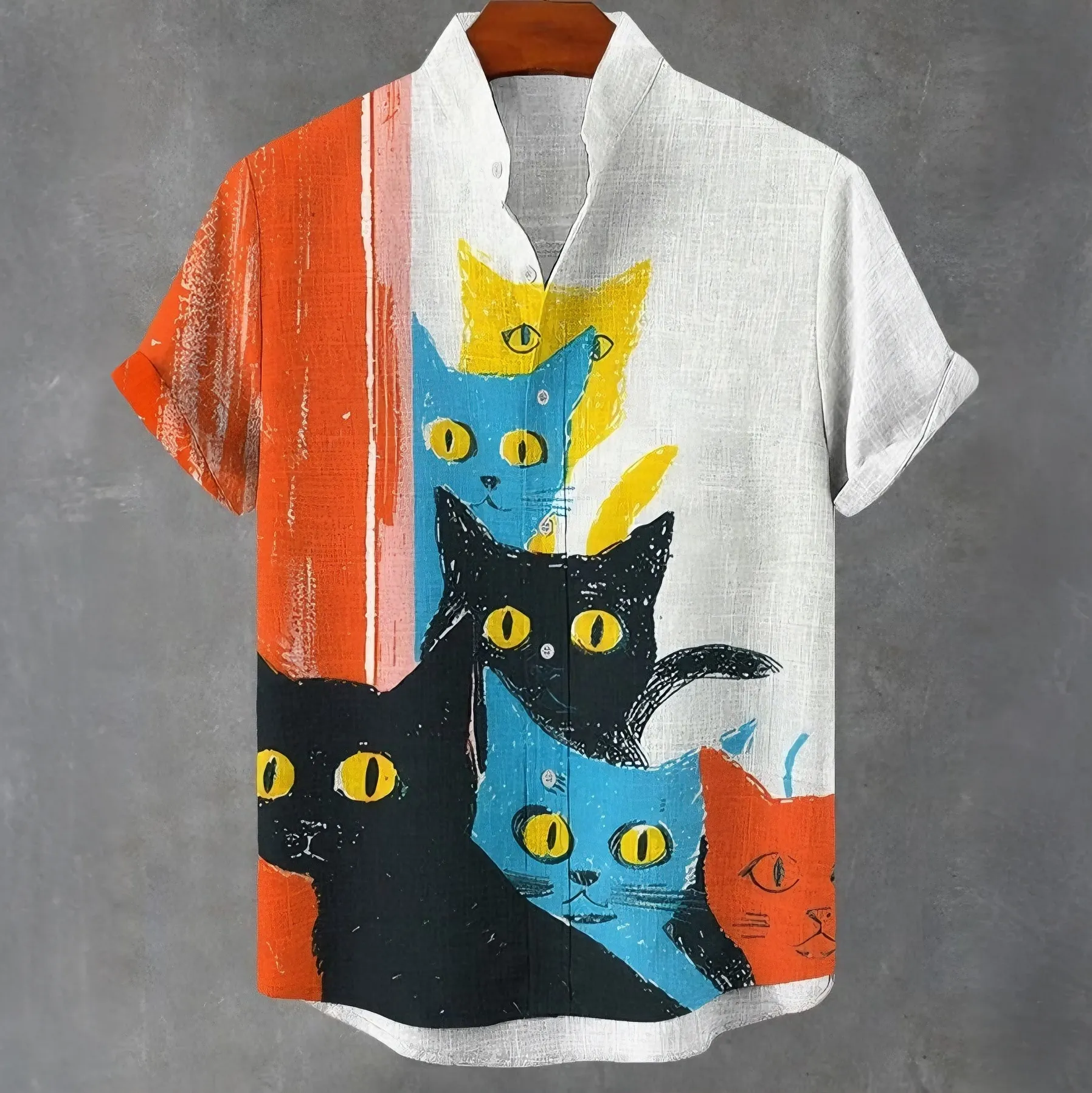 Men's Colorful Cat Art Linen Short Sleeve Shirt  artssus