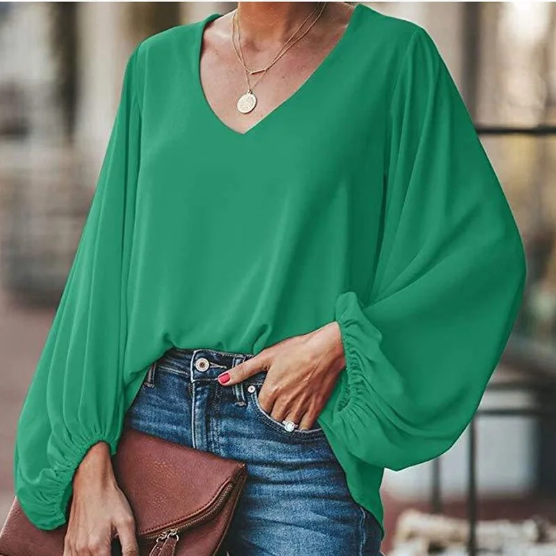 Chiffon Lantern Sleeve V Neck Solid Women Blouse Lace Patchwork Oversize Female Blouses 2021 Spring Casual Ladies Top Elegant