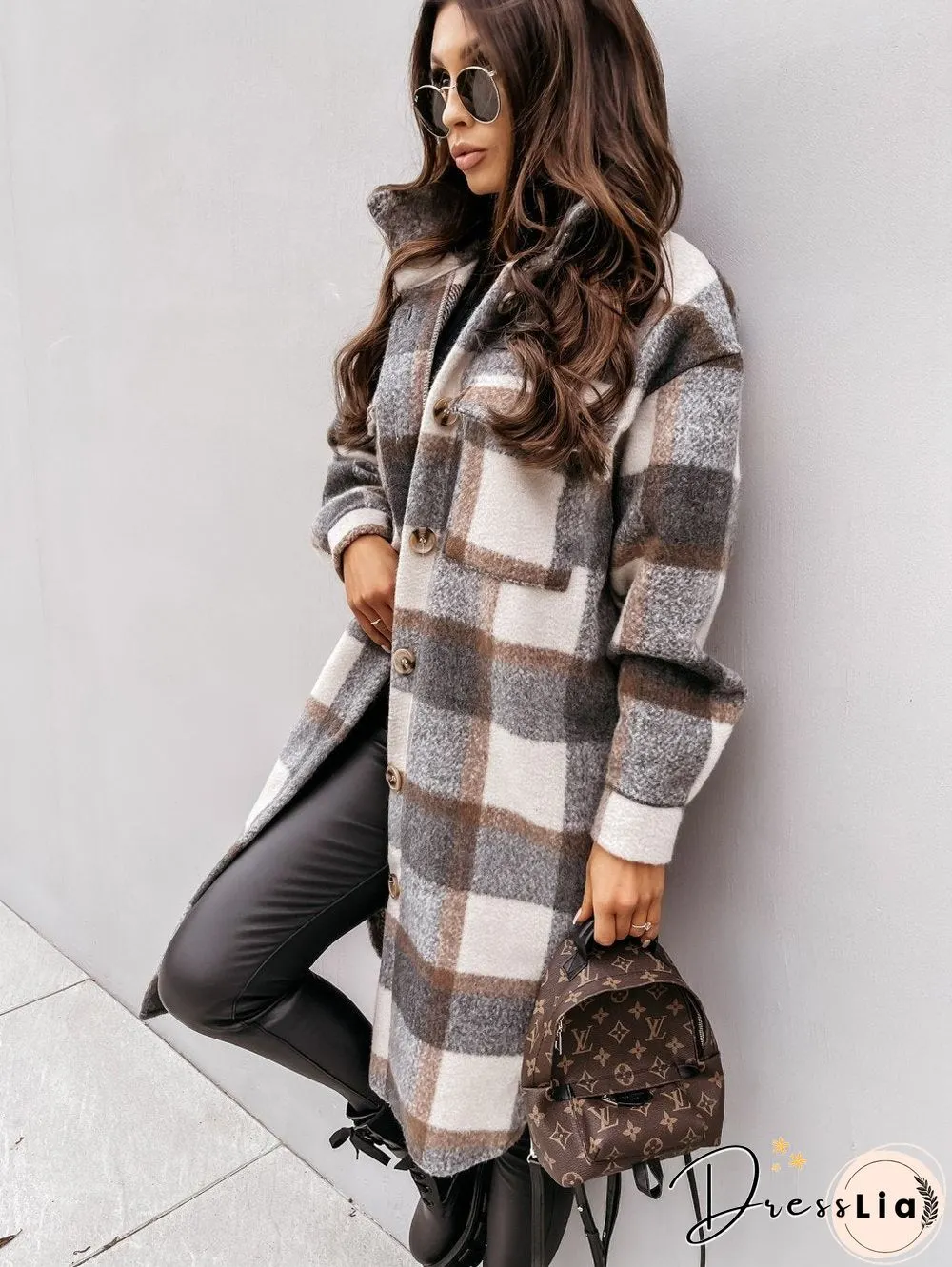Autumn Winter Long Sleeve Plaid Print Coat