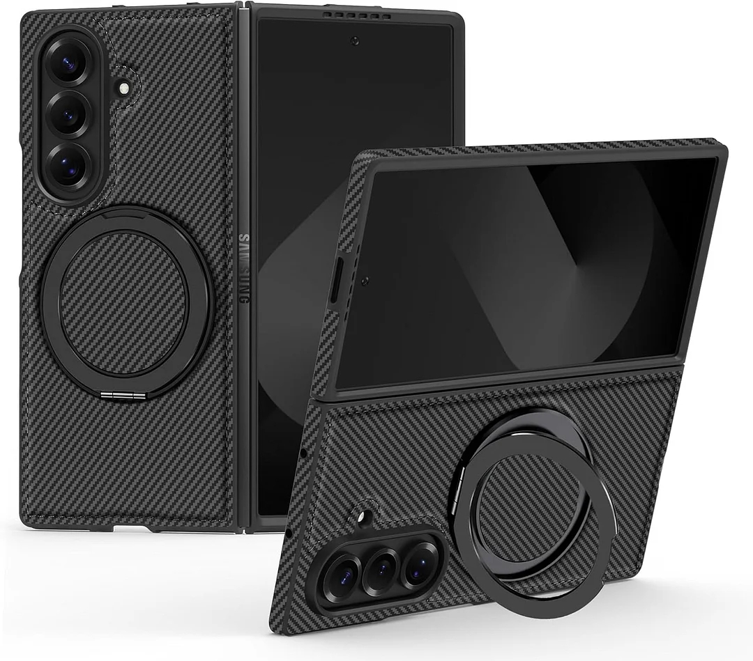 Magnetic for Samsung Galaxy Z Fold 7 Carbon Fiber Case with Stand, [Compatible with MagSafe] Aramid Fiber Twill 360&deg; Rotation Kickstand Thin PC Shockproof Case, Coffee