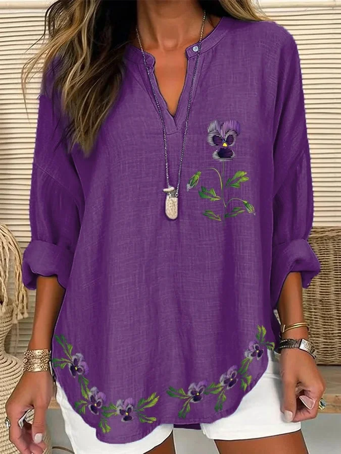 Women's Purple Floral Pansy Dementia Alzheimer's Disease Awareness Cotton and Linen Shirt
