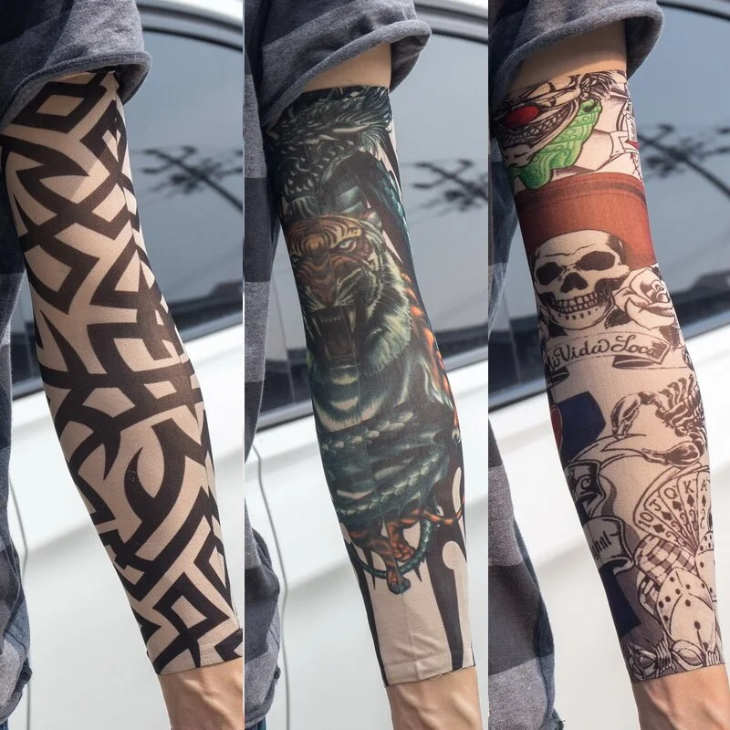 3PCS/lot new mixed 100%Nylon elastic Fake temporary tattoo sleeve skull wolf totem dragon designs body Arm stockings cool men