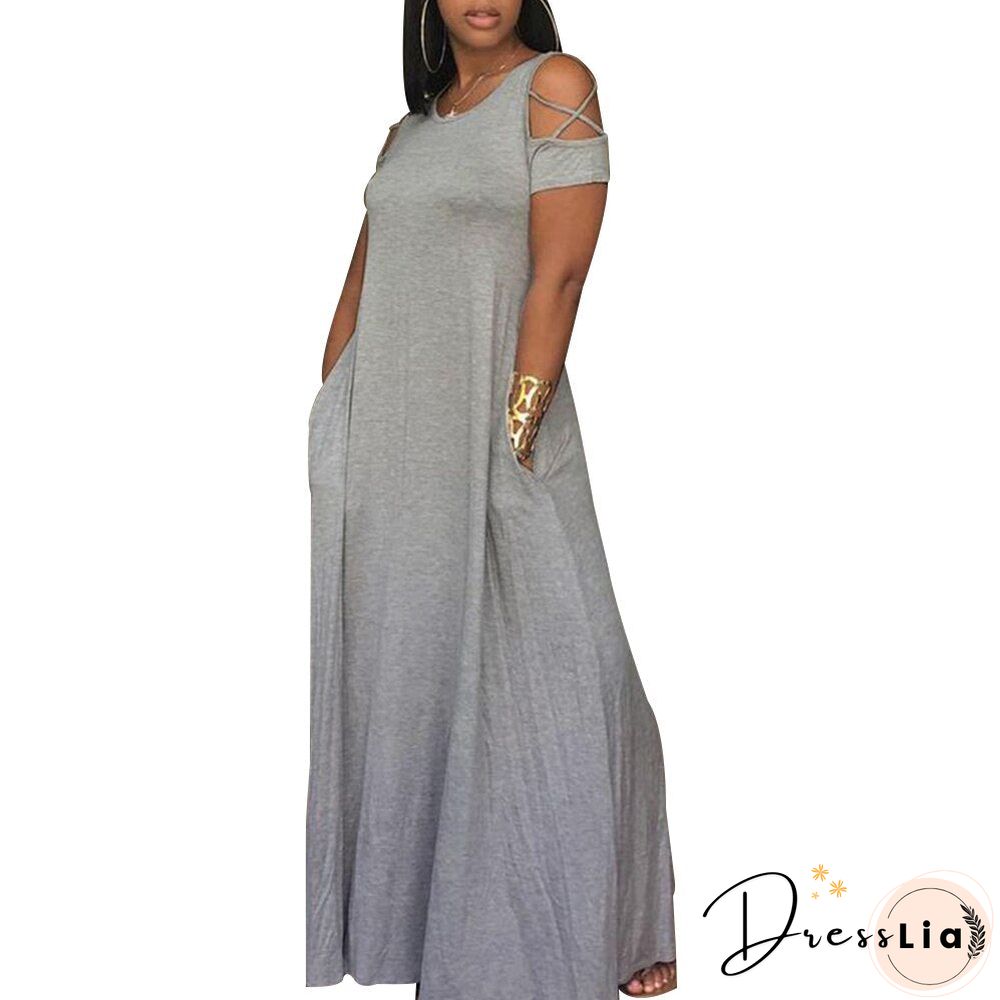 5XL Plus Size Women Hollow Out Short Sleeve Dress Loose Casual Ladies Dresses with Pocket Summer Female Solid Maxi Dresses D30