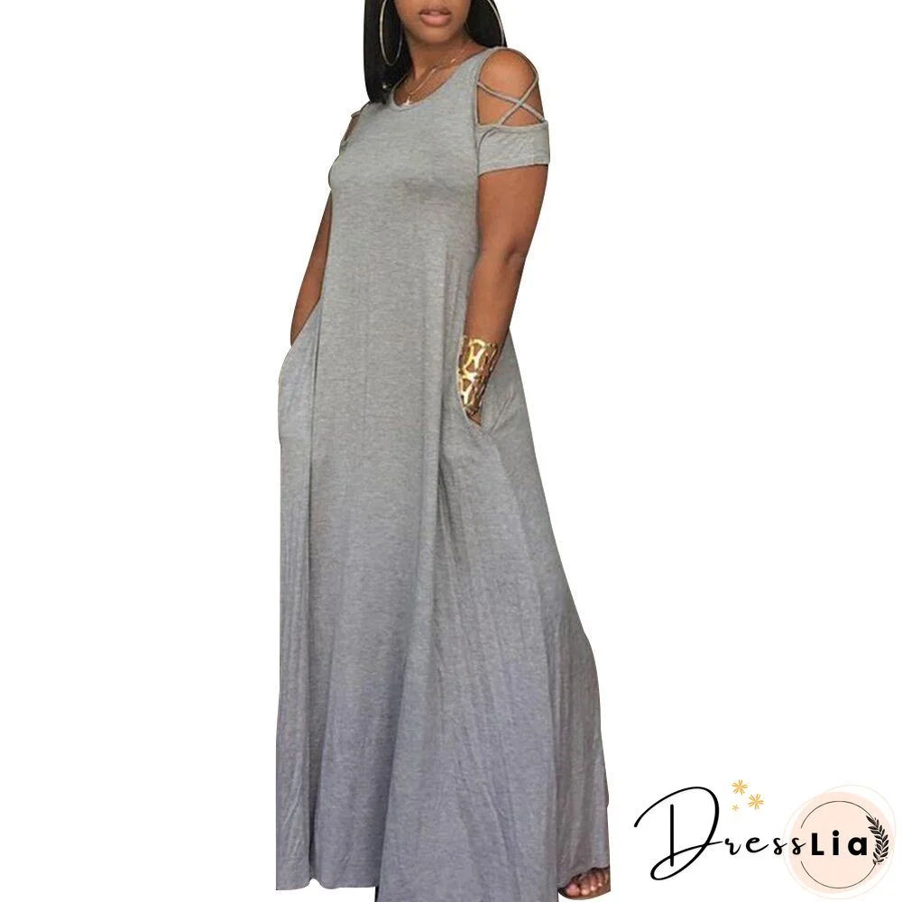 5XL Plus Size Women Hollow Out Short Sleeve Dress Loose Casual Ladies Dresses with Pocket Summer Female Solid Maxi Dresses D30