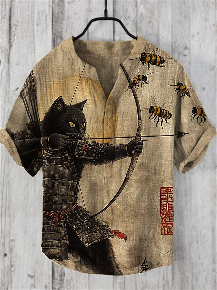 Men's Black Cat Tribal Warrior Japanese Kyudo V Neck Short Sleeve Shirt  artssus