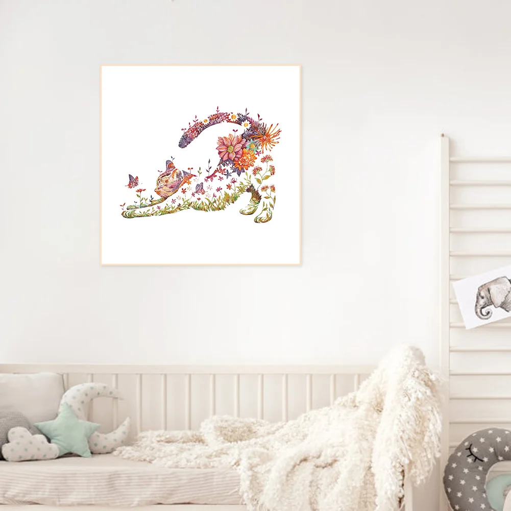 14CT Counted Partial Cross Stitch - Flowers Cat(40*40cm)