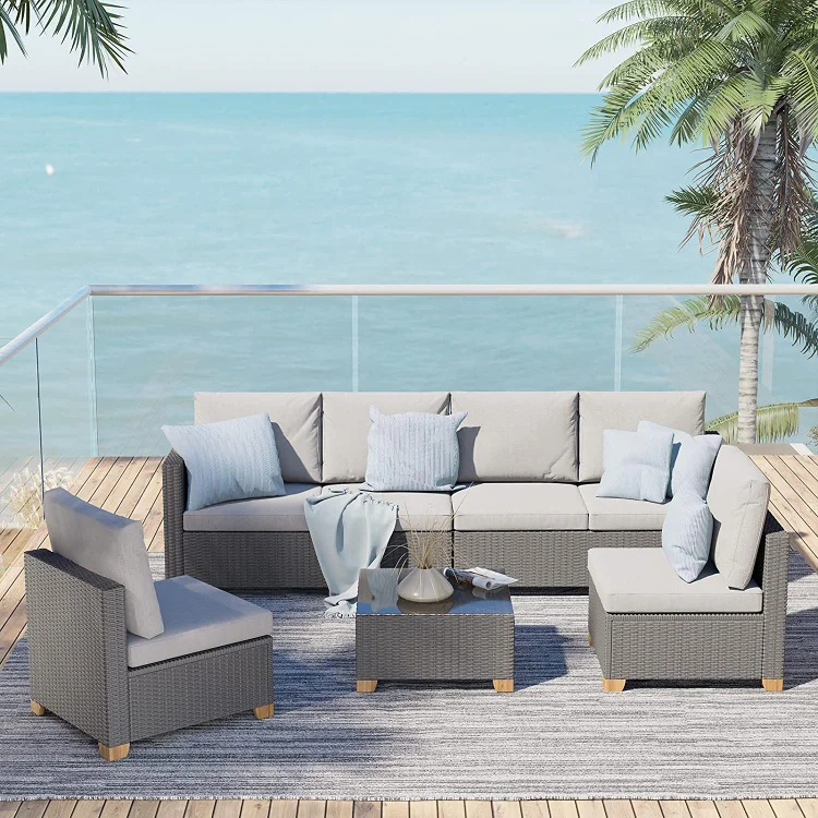 6 Seats Outdoor Conversation Sets with Cushions, Wicker Modular Sofa Sets 