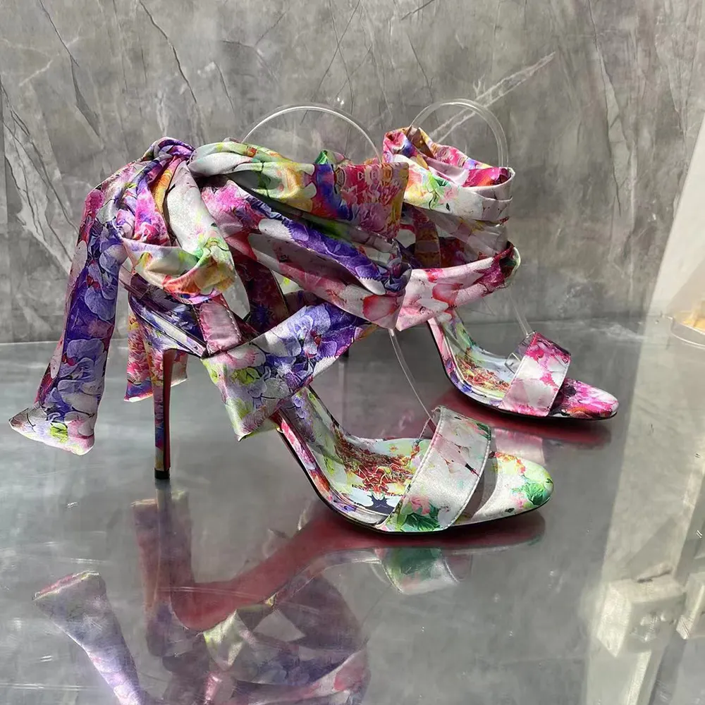 100mm Women's High Heels Fashion Floral Bow Ribbon Silk Red Bottom Sandals-vocosishoes
