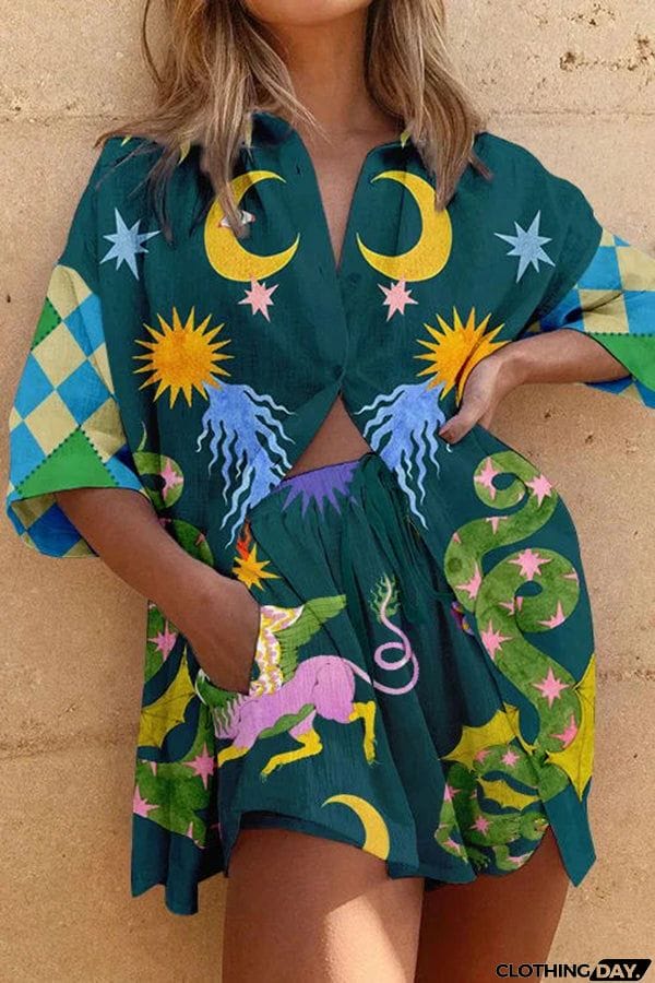 Summer Traveler Linen Blend Unique Print Oversized Blouse and Elastic Waist Pocketed Shorts Set