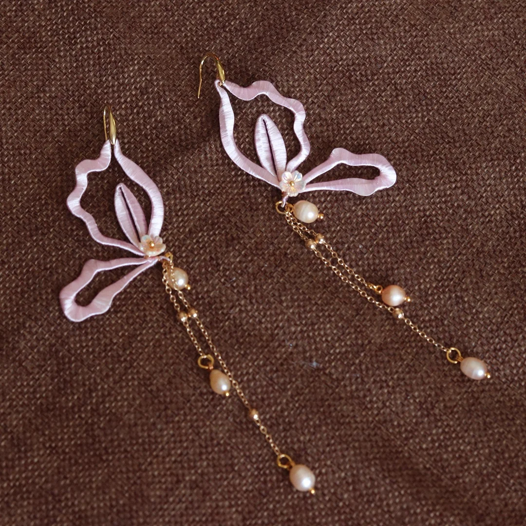 Wrapped Silk Pearl Antique Hanfu Tassel Butterfly Earrings