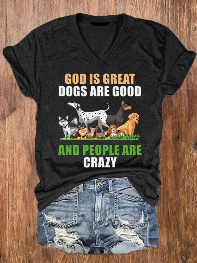 Dogs On The Grass And Letters Print Casual T Shirt