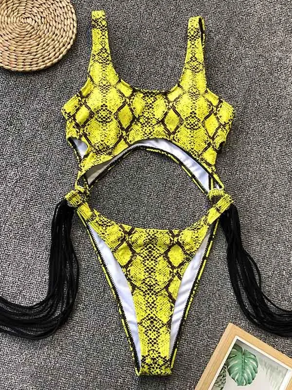 Hollow Tasseled Color-Block One-Piece Swimwear