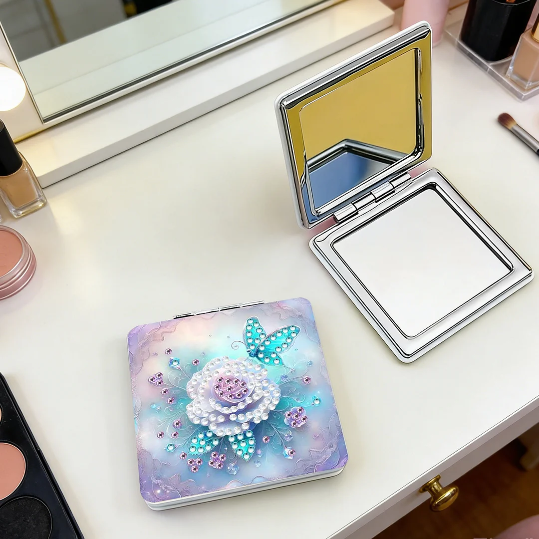 White Flower DIY Special Shaped Diamond Painting Compact Mirror Kits Diamond Art Painting Pocket Mirror for Beginners Adults Art Craft Woman Gifts