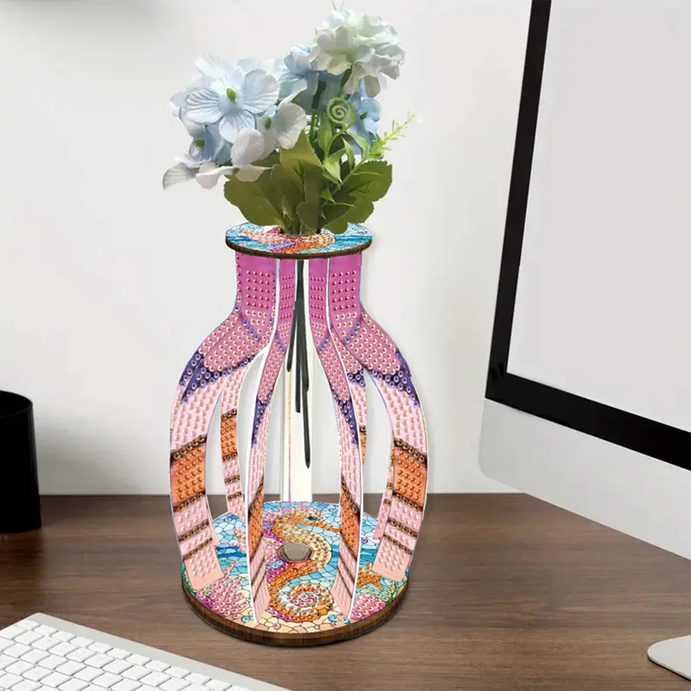 Acrylic Wood Seahorse 5D DIY Diamond Painting Flower Vase for Home Office Decor