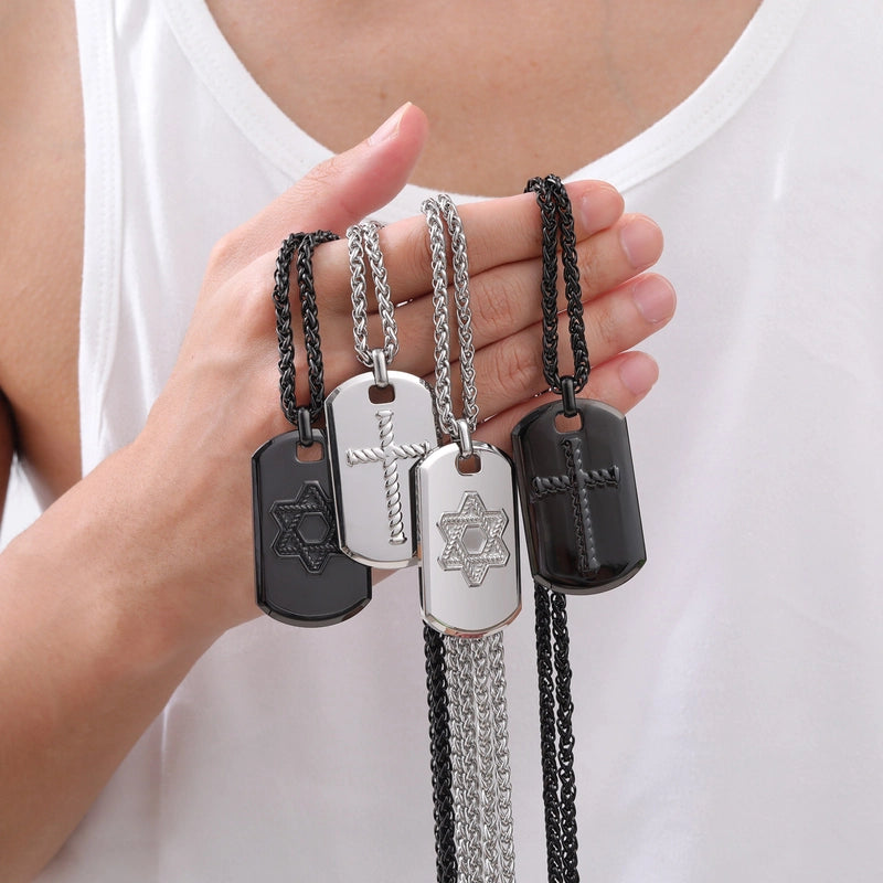 Stainless Steel Star Of David, Twisted String Cross Dog Tag Pendant