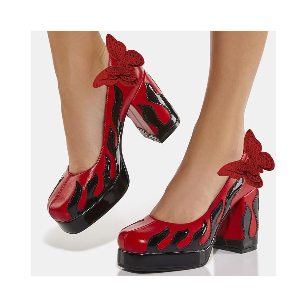 Leather Platform Round Toe Chunky Heels With Red Butterfly Decors Nicepairs