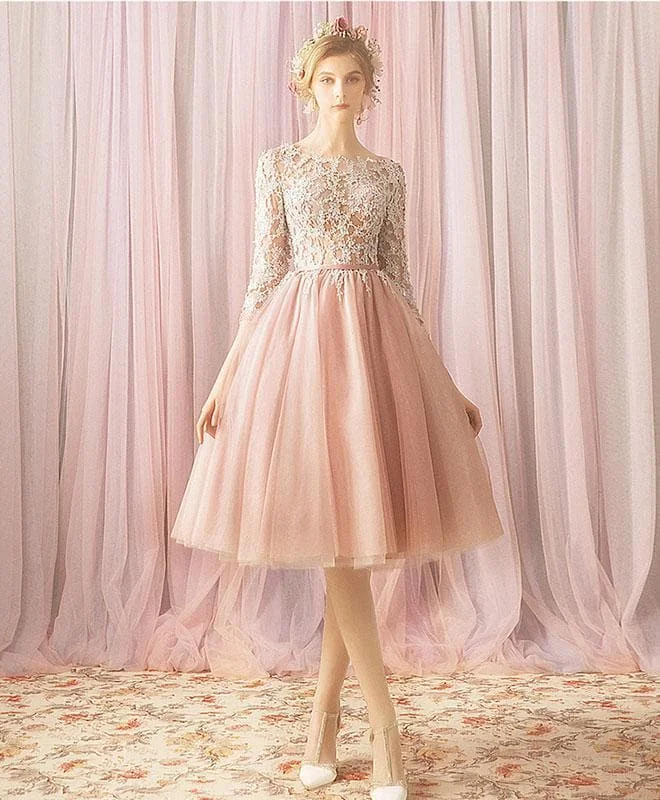 Pink Round Neck Tulle Lace Short Prom Dress, Bridesmaid Dress