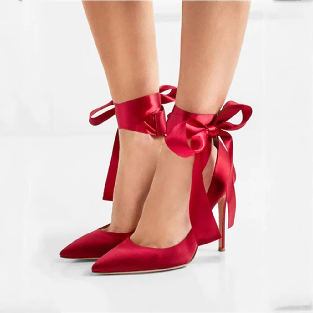 Red Leather Stiletto Pumps Pointed Toe With Ribbon Bow Decors Nicepairs