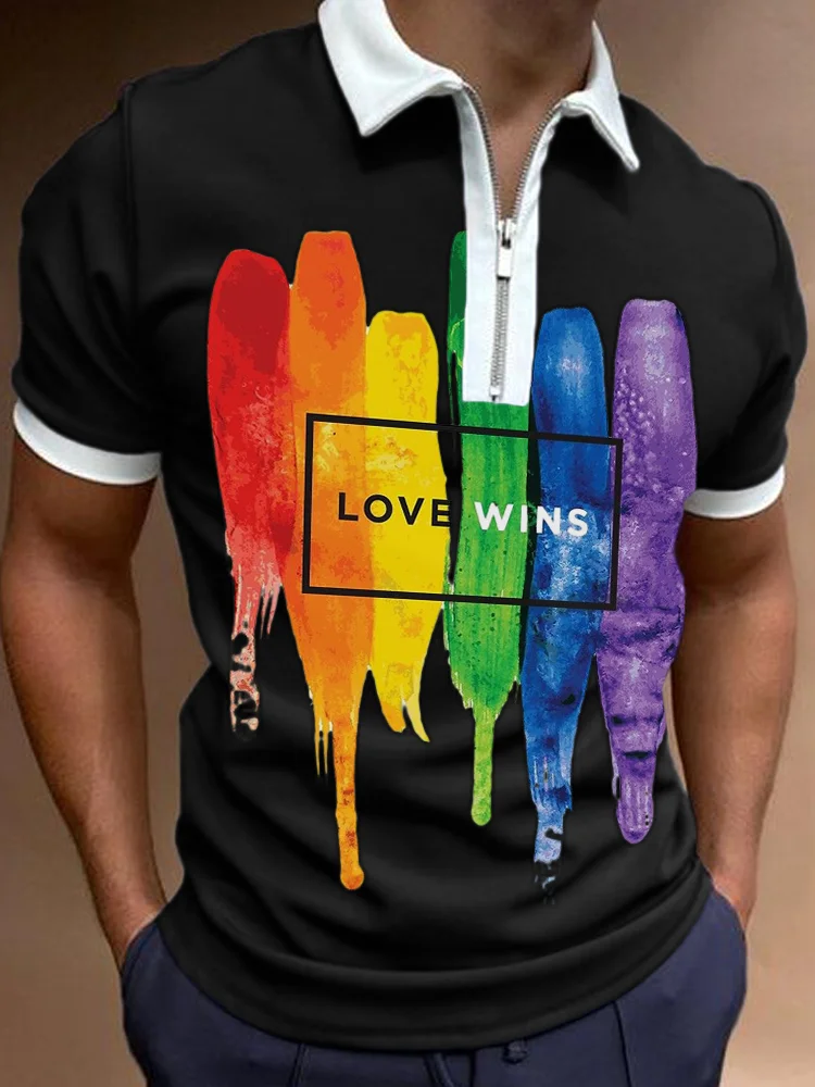 Love Wins Rainbow Watercolor Zip Up Polo Shirt