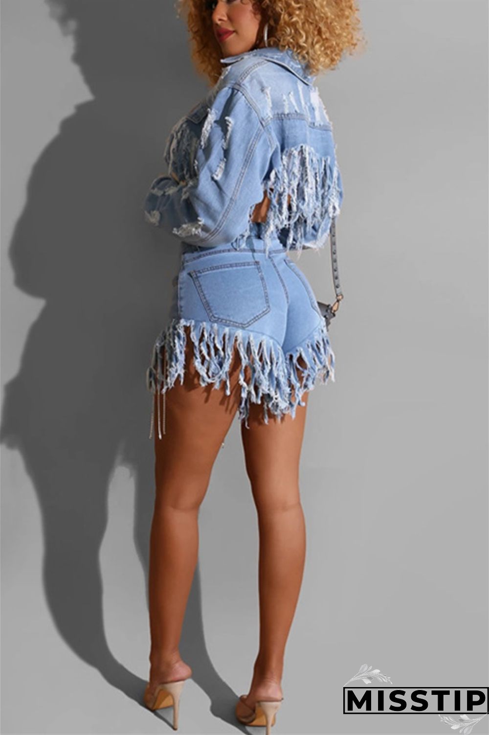 Dark Blue Fashion Hole Tassel Halter Back Navel Denim Coat