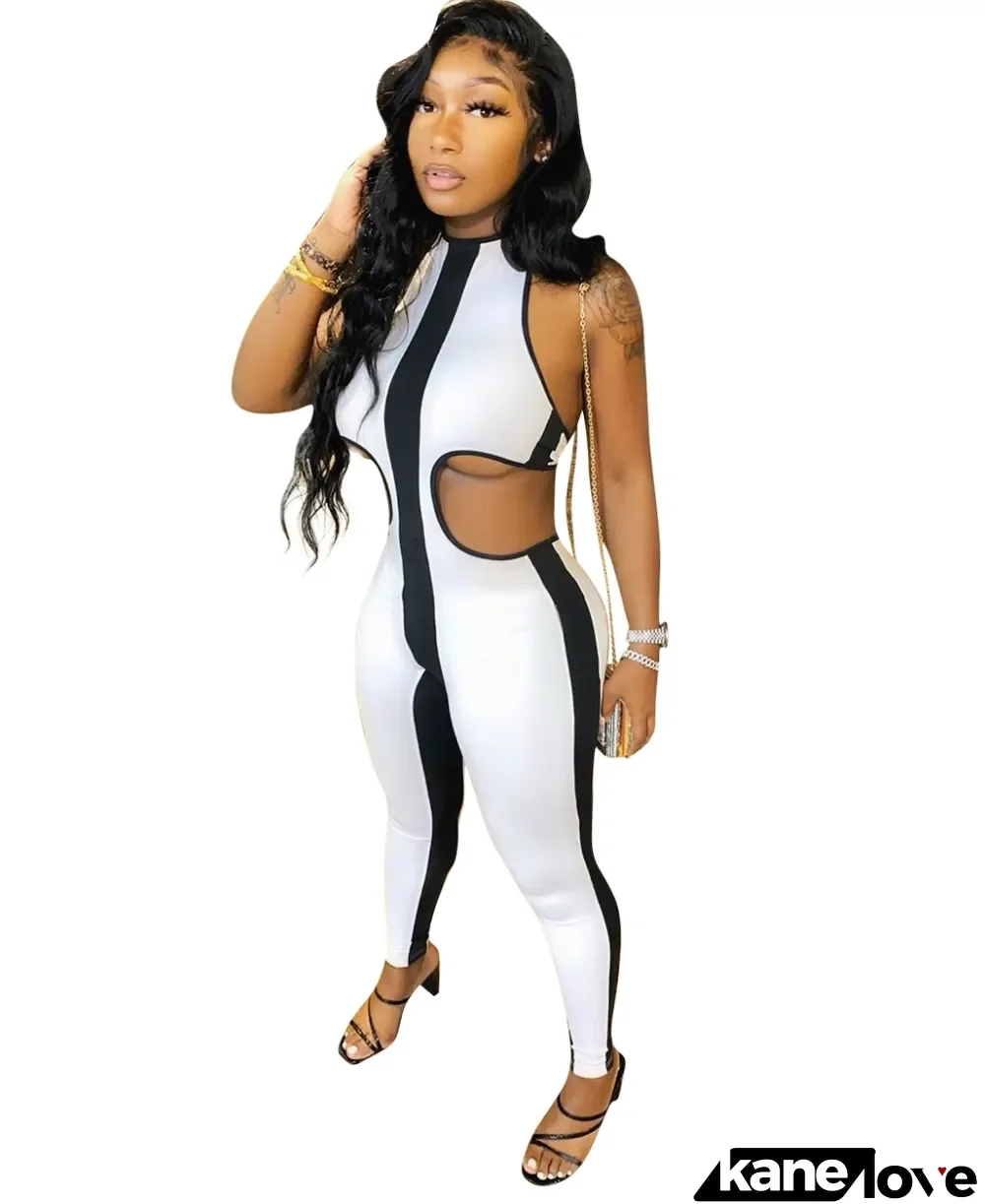 Contrast Color Cut Out Sexy Bodycon Jumpsuit