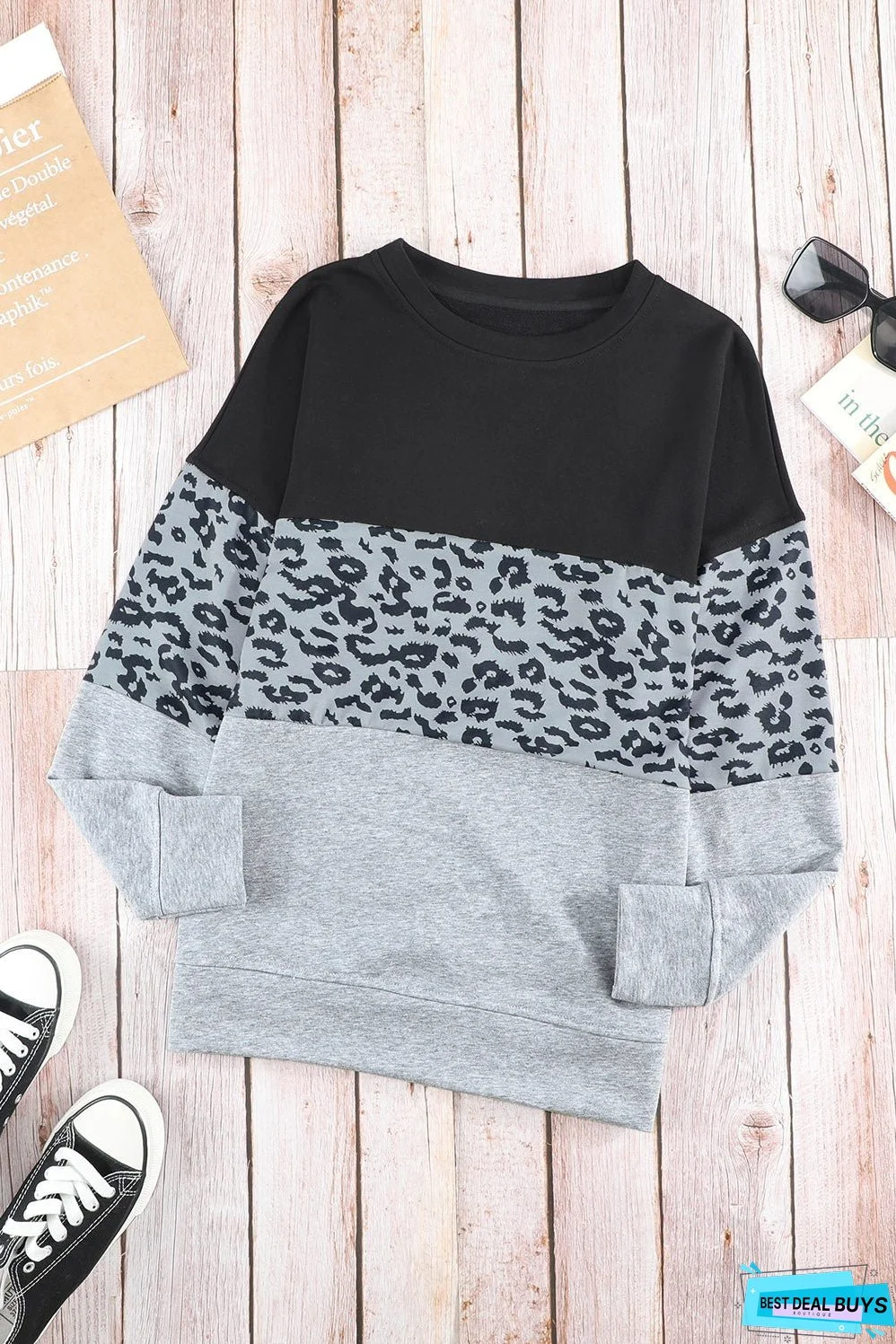 Gray Colorblock Leopard Sweatshirt