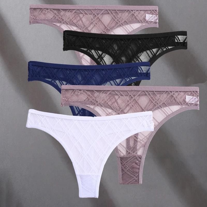 FINETOO 5PCS/Set Lace Sexy Women Thongs Floral Perspective G-string Lingerie Panties Low-Waist Femme Girls Underwear Mesh Pantys