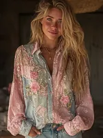 Women's Pink Rose Embroidered Denim Patchwork Linen Shirt