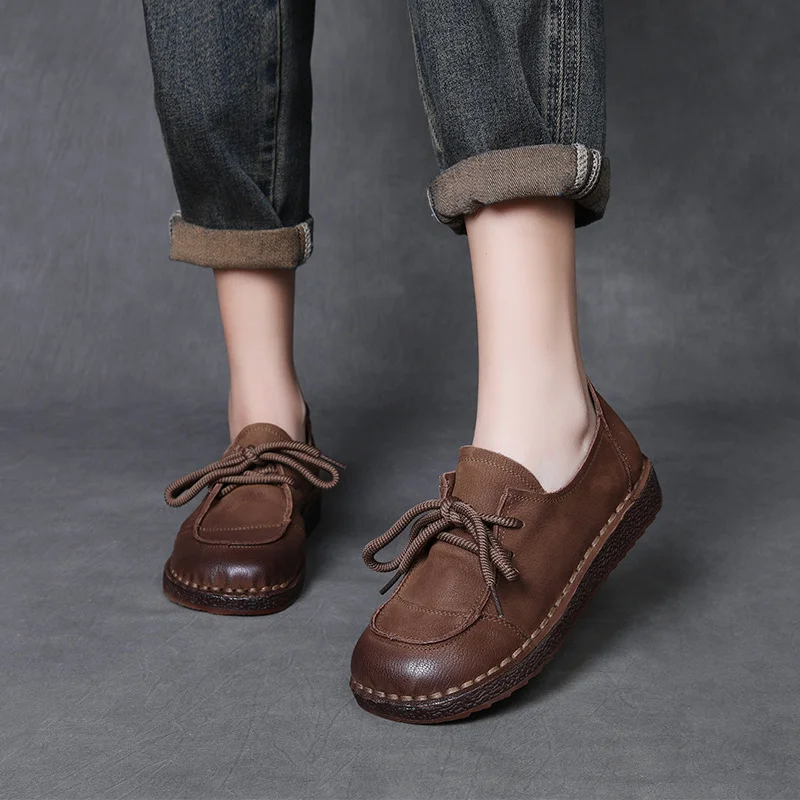 Yyvonne Layer Of Cow Leather Hand-Retro Single Shoe Women 2025 Spring New Comfortable Soft-Soled Casual Shoes Round Leather Women's Shoes