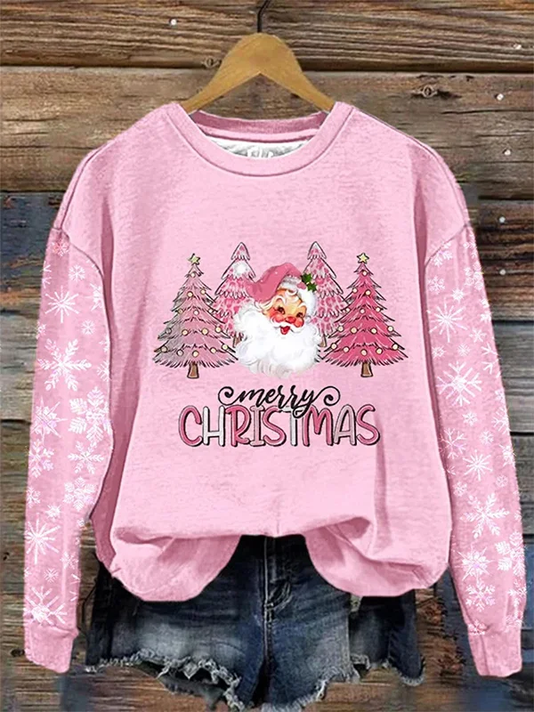 Women's Merry Christmas Tree Santa Snowflake Print Sweatshirt