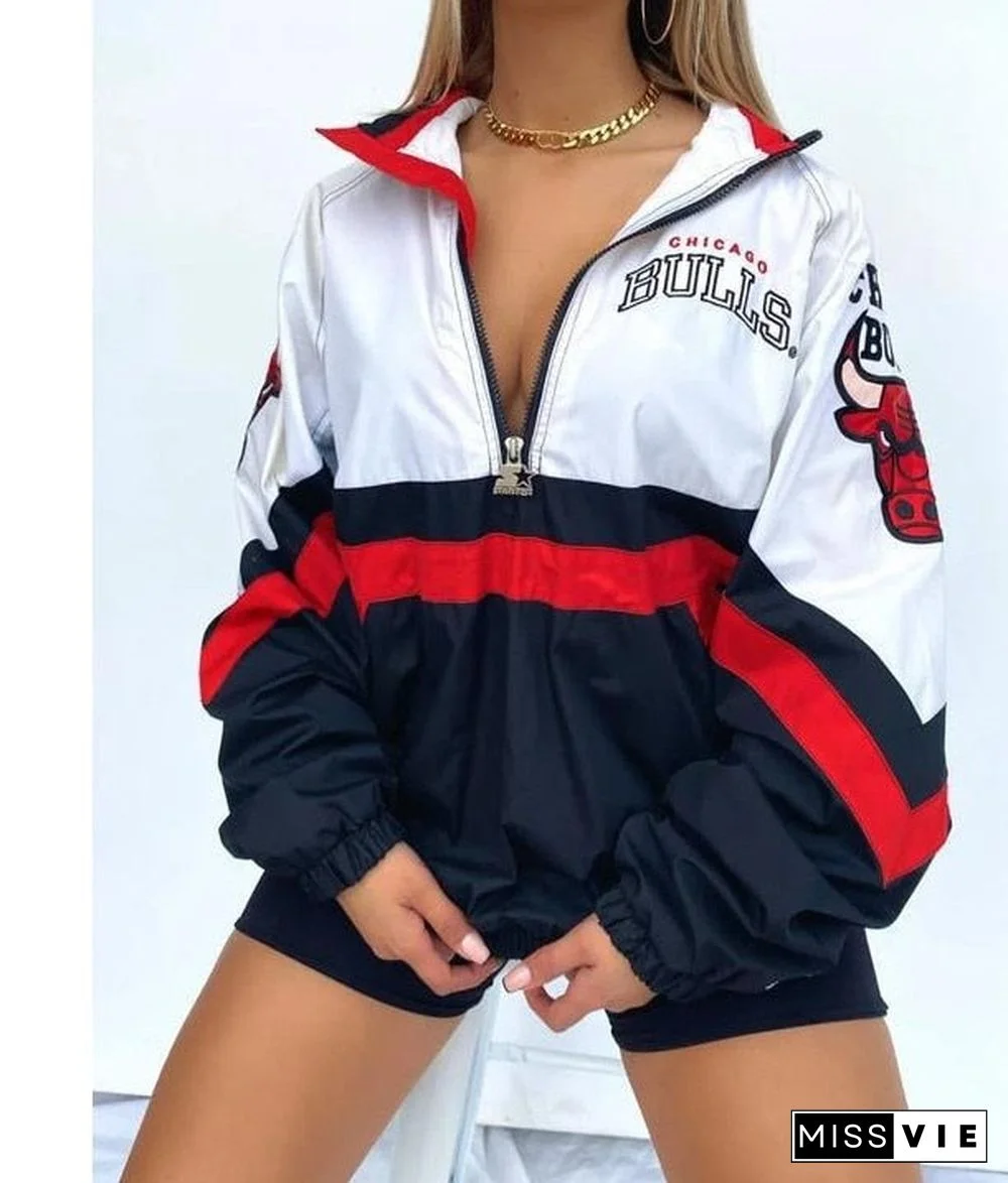 3XL Spring and Autumn Fashion Baseball JacketsCasual V-neck Zipper Pullover Printed Plus Size Jacket for Women Coat Women Jacket