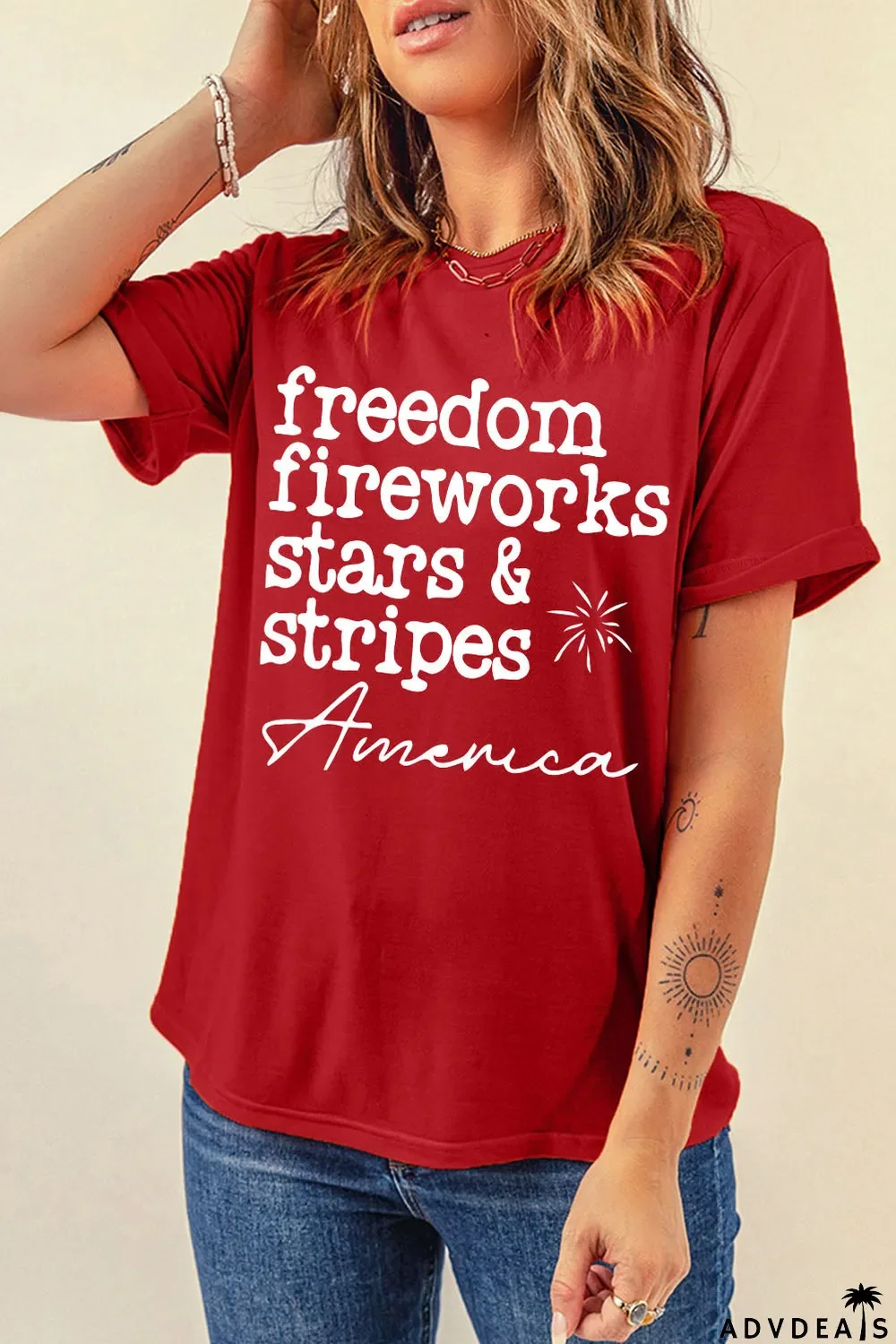Red American Freedom Day Slogan Print T Shirt