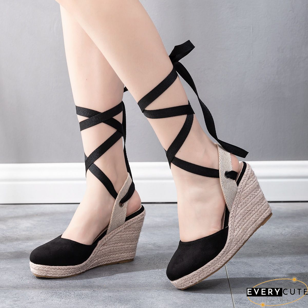 Strappy Woven Flax Suede Wedge Sandals
