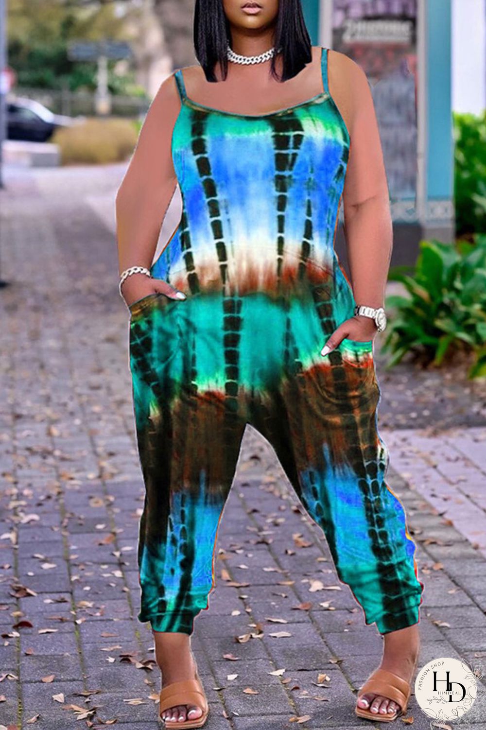 Red Fashion Casual Tie Dye Printing Spaghetti Strap Regular Jumpsuits